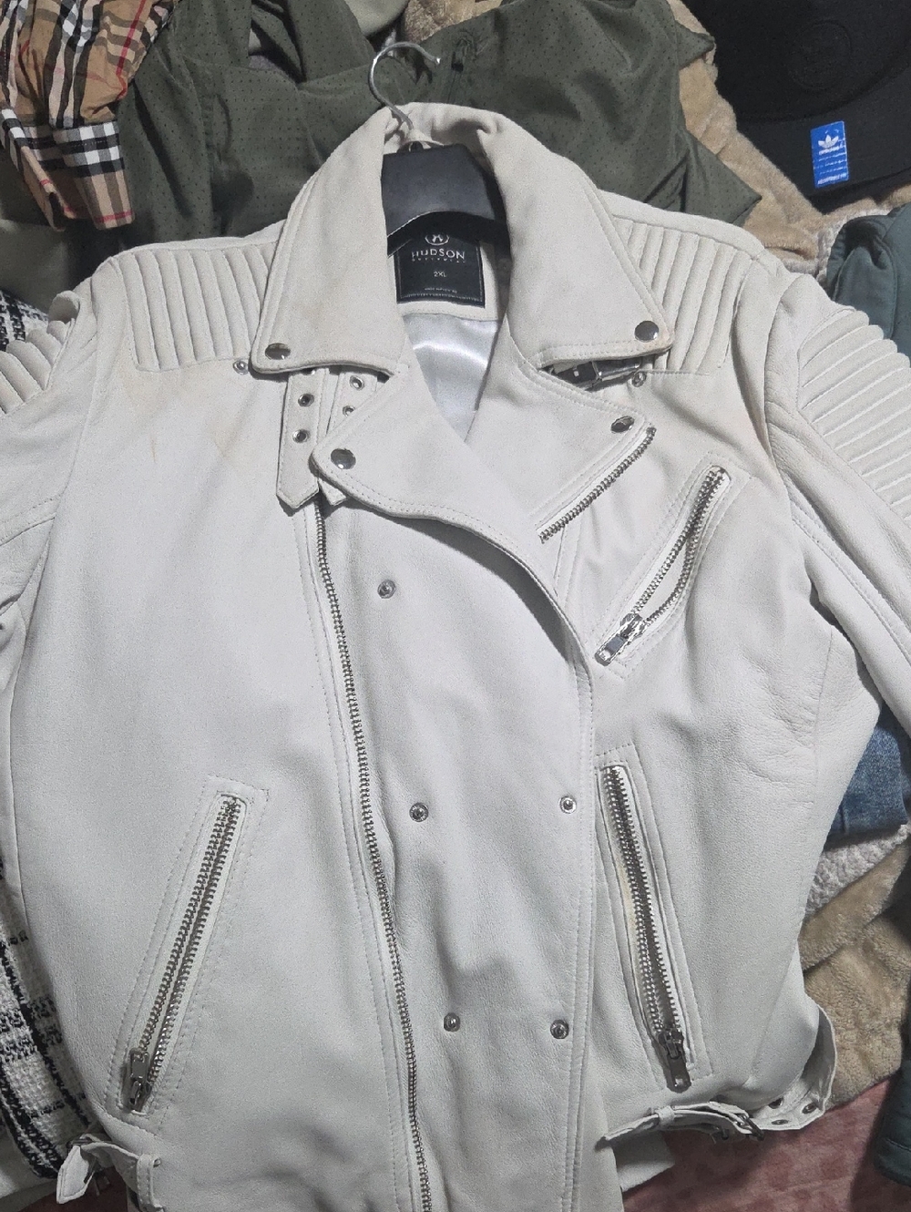 Hudson Jeans Cream Leather Biker Jacket with Quilted Shoulders